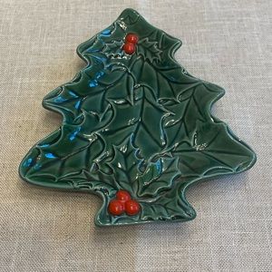 Lefton porcelain green holly berries Christmas tree serving candy dish.
